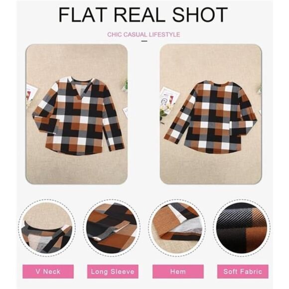 Womens Basic Casual V Neck Plaid Print Cotton Cuffed Long Sleeve Tops Blouses‎ - Picture 5 of 5